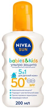 Детский солнцезащитный спрей Nivea Sun Ультра защита для чувствительной кожи SPF 50+, сверхводостойкий, 200 мл