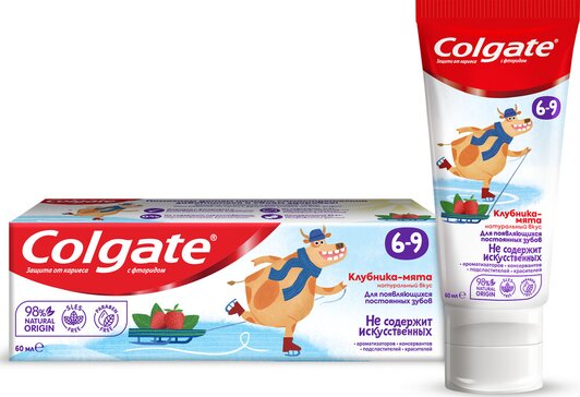 Зубная паста детская Colgate, защита от кариеса, с фторидом, для детей 6-9 лет, вкус клубники и мяты, 60 мл