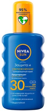 Солнцезащитный спрей для тела Nivea Защита и увлажнение водостойкий, SPF 30, 200 мл