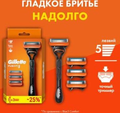 Gillette fusion набор бритва с 1 смен.кассетой+сменные кассеты для бритья 3 шт