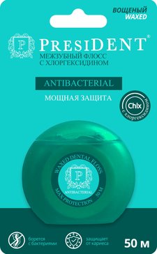 PresiDENT Antibacterial Межзубный флосс с хлоргексидином 50 м