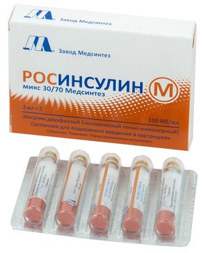 Росинсулин м микс 30/70 суспензия для и/п/к 100 ме/мл 3 мл 5 шт