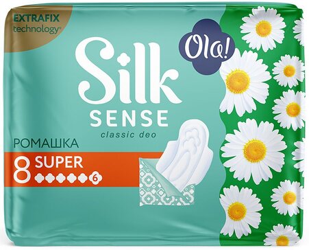 Прокладки Ola! Silk Sense CLASSIC WINGS SINGLES SUPER, аромат Ромашка в инд. упак. 8 шт