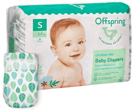 Offspring Подгузники р.S (3-6 кг) 48 шт расцветка Листочки