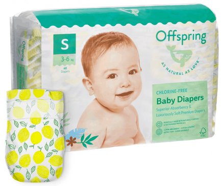 Offspring Подгузники р.S (3-6 кг) 48 шт расцветка Лимоны