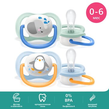 Пустышка Philips Avent ultra air SCF080/05 с футляром для хранения и стерилизации, 2 шт, 0-6 мес