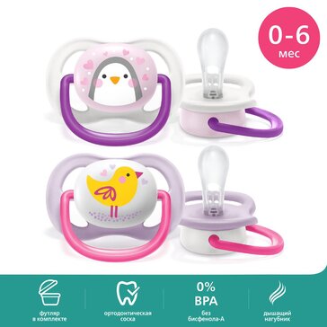 Пустышка Philips Avent ultra air SCF080/06 с футляром для хранения и стерилизации, 2 шт, 0-6 мес