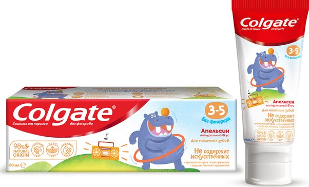 Зубная паста детская Colgate, защита от кариеса, без фторида, для детей 3-5 лет, со вкусом апельсина, 60 мл