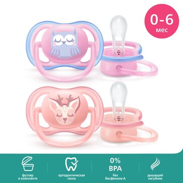 Пустышка Philips Avent ultra air SCF085/02 с футляром для хранения и стерилизации, 2 шт, 0-6 мес