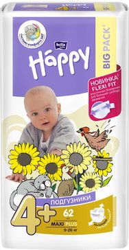 Bella baby happy подгузники детские maxi plus/9-20кг 62 шт