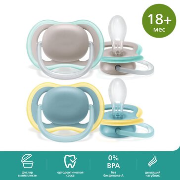 Пустышка Philips Avent ultra air SCF349/01 с футляром для хранения и стерилизации, 2 шт, 18 мес +