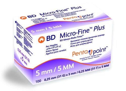 Иглы для шприц-ручки BD Micro-Fine Plus 0,25 мм (31G) x 5 мм с пятигранной заточкой PentaPoint 100 шт