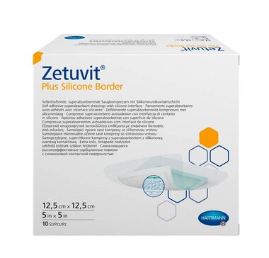 Zetuvit Plus Silicone Border Цетувит Плюс Силикон Бордер Самоклеящаяся повязка суперабсорбирующая стерильная 12,5х12,5 см 10 шт