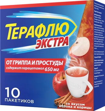 Купить тераФлю Экстра от симптомов гриппа и простуды, вкус яблока с корицей 10 шт (парацетамол+фенилэфрин+фенирамин) от 622 руб. в городе Москва и МО в интернет-аптеке Планета Здоровья