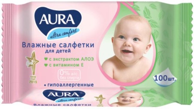 Aura салфетки влажные детские ultra comfort 100 шт алоэ/витамин е