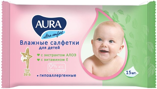 Aura салфетки влажные детские ultra comfort 15 шт алоэ/витамин е