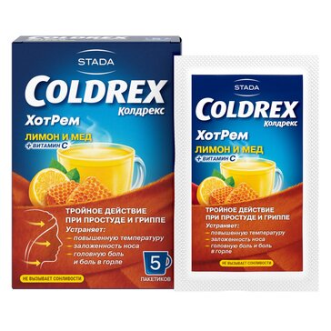 Колдрекс Coldrex ХотРем при простуде и гриппе со вкусом лимона и мёда, порошок, 5 пакетиков