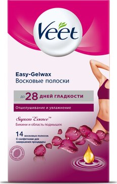 Veet восковые полоски для линии бикини и области подмышек с ароматом бархатной розы и эфирными маслами 14 шт