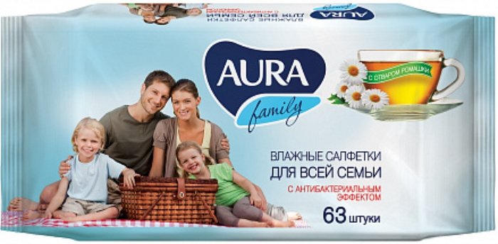 Aura family салфетки влажные с антибактериальным эффектом 63 шт ромашка