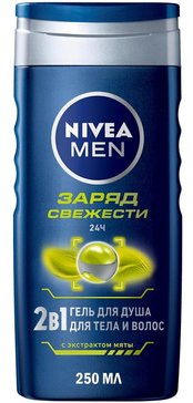 Гель для душа мужской Nivea Men 2в1 Заряд свежести для тела и волос с экстрактом мяты, 250 мл