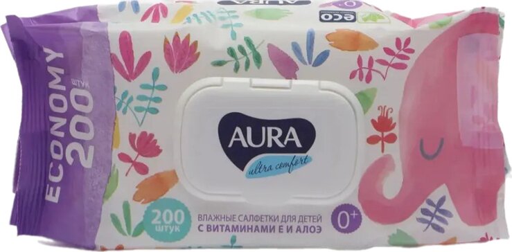 Aura ultra comfort Салфетки влажные детские с алоэ и витамином Е 200 шт