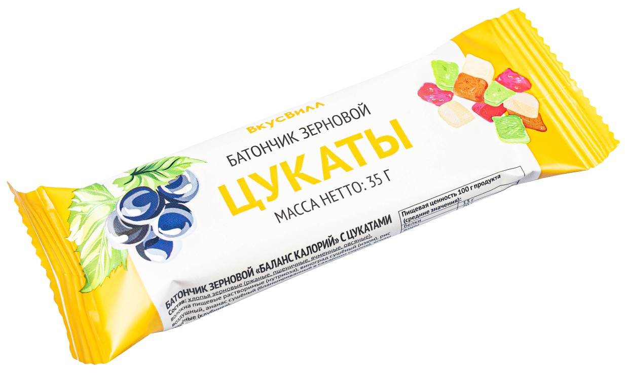 Купить вкусВилл Батончик зерновой 36 г с цукатами в городе Москва и МО в  интернет-аптеке Планета Здоровья