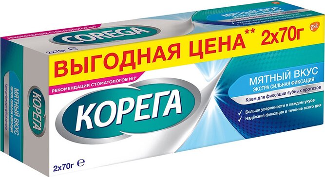 Корега крем для фиксации зубных протезов, мятный вкус 70 г x2