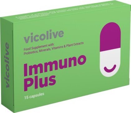 Купить комплекс для иммунитета Виколайф Vicolive Immuno Plus капс 15 шт от 750 руб. в городе Барнаул в интернет-аптеке Планета Здоровья