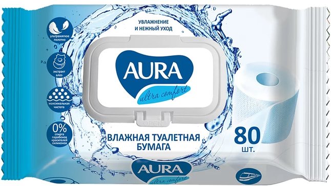 Aura бумага туалетная влажная ultra comfort 80 шт