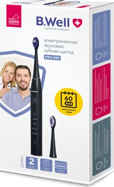 B.Well Электрическая звуковая зубная щетка PRO-850, черная