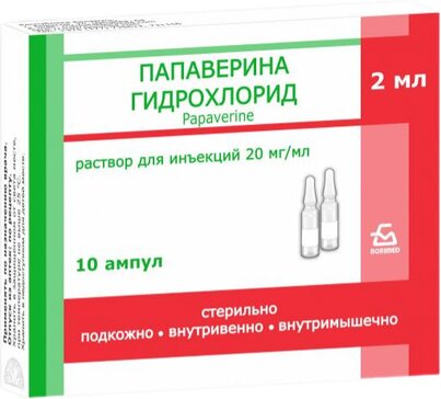 Папаверин раствор для инъекций 20 мг/мл 2 мл амп 10 шт