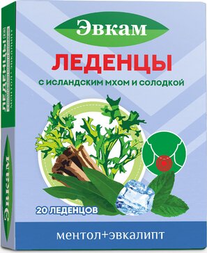 Эвкам Леденцы с исландским мхом и солодкой 20 шт вкус ментол и эвкалипт