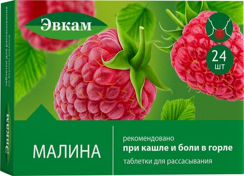 Пастилки при кашле и боли в горле со вкусом малины 24 шт Эвкам