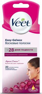 Восковые полоски Veet 20 шт, для чувствительных участков тела (лицо) бархатная роза и эфирные масла 