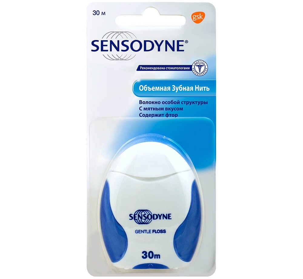 Зубная нить Sensodyne с мятным вкусом для чувствительных зубов, объемная, мягкая, 30 м