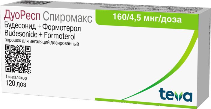 ДуоРесп Спиромакс порошок для инг.дозир. 160мкг+4.5мкг/доза 120доз ингалят. 1 шт