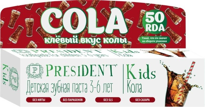 President kids паста зубная 3-6лет 50мл туба кола