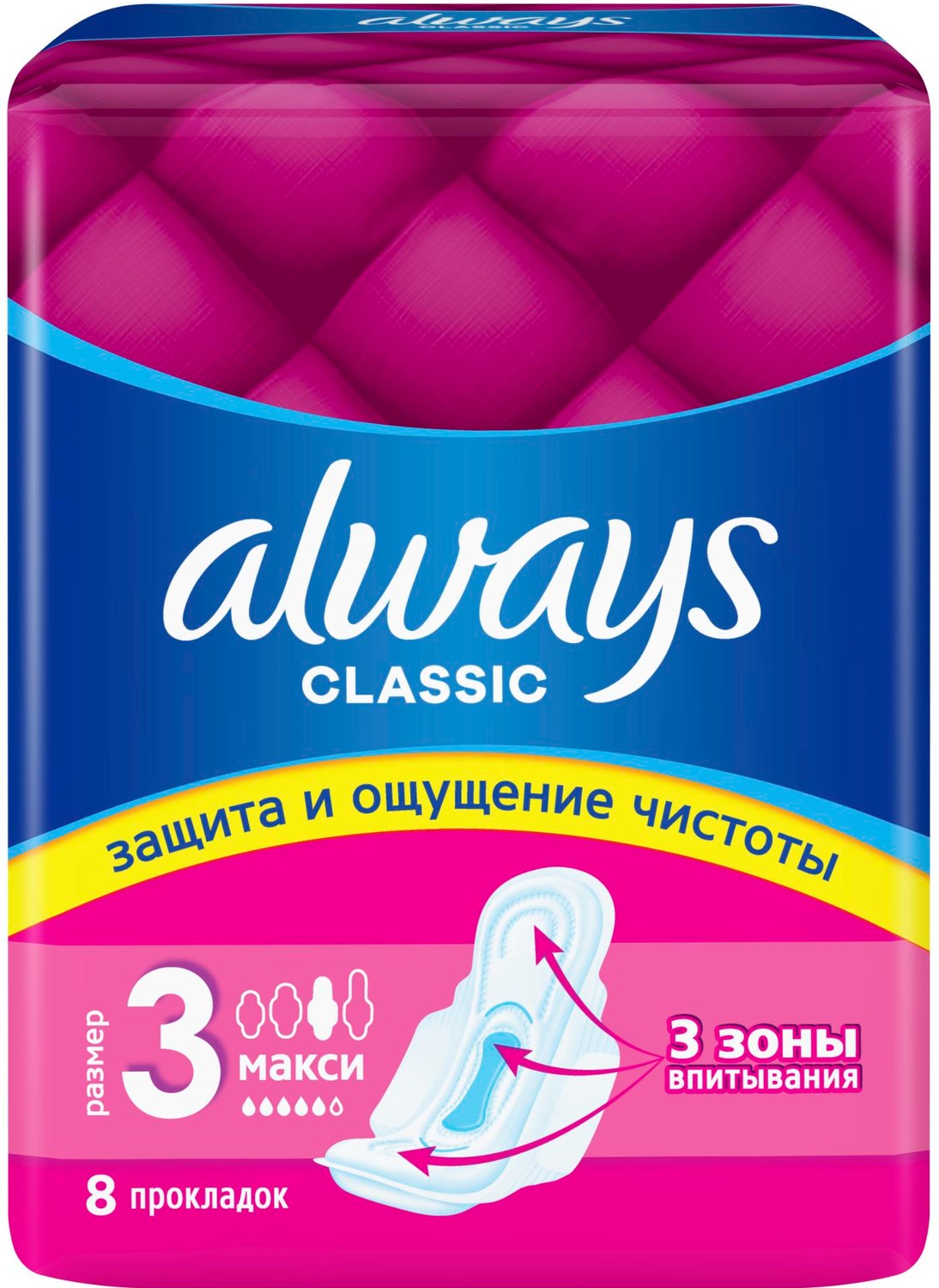 Женские гигиенические прокладки с крылышками ALWAYS Classic Maxi Dry размер 3, 8 шт