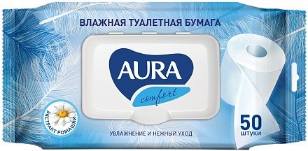 Aura бумага туалетная влажная ultra comfort 50 шт с крышкой