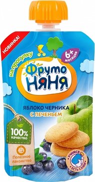 Фрутоняня пюре 90г дой-пак яблоко черника с печеньем