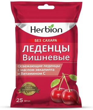 Herbion Леденцы Вишневые с маслом Эвкалипта и витамином С, без сахара 25 шт