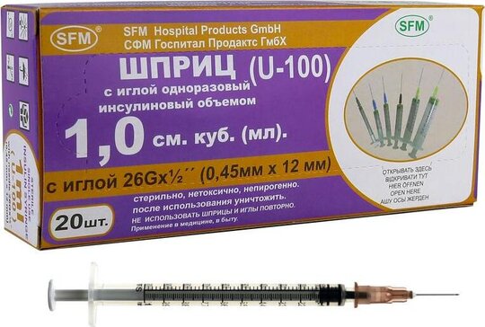 Купить шприц инсулиновый 1 мл U-100 с иглой 26G 20 шт SFM от 300 руб. в ...